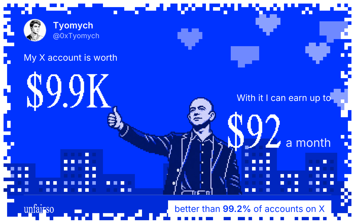 Tyomych's X account can earn up to $92 a month