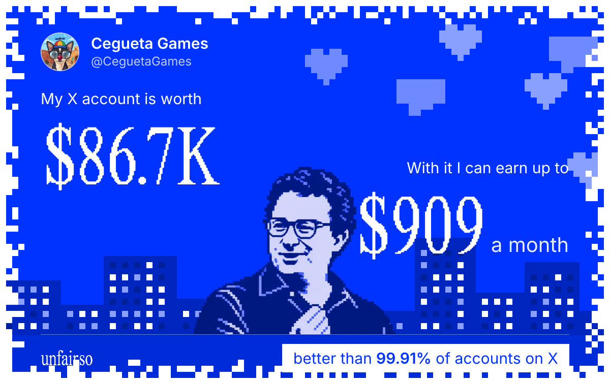 Cegueta Games's X account can earn up to $909 a month