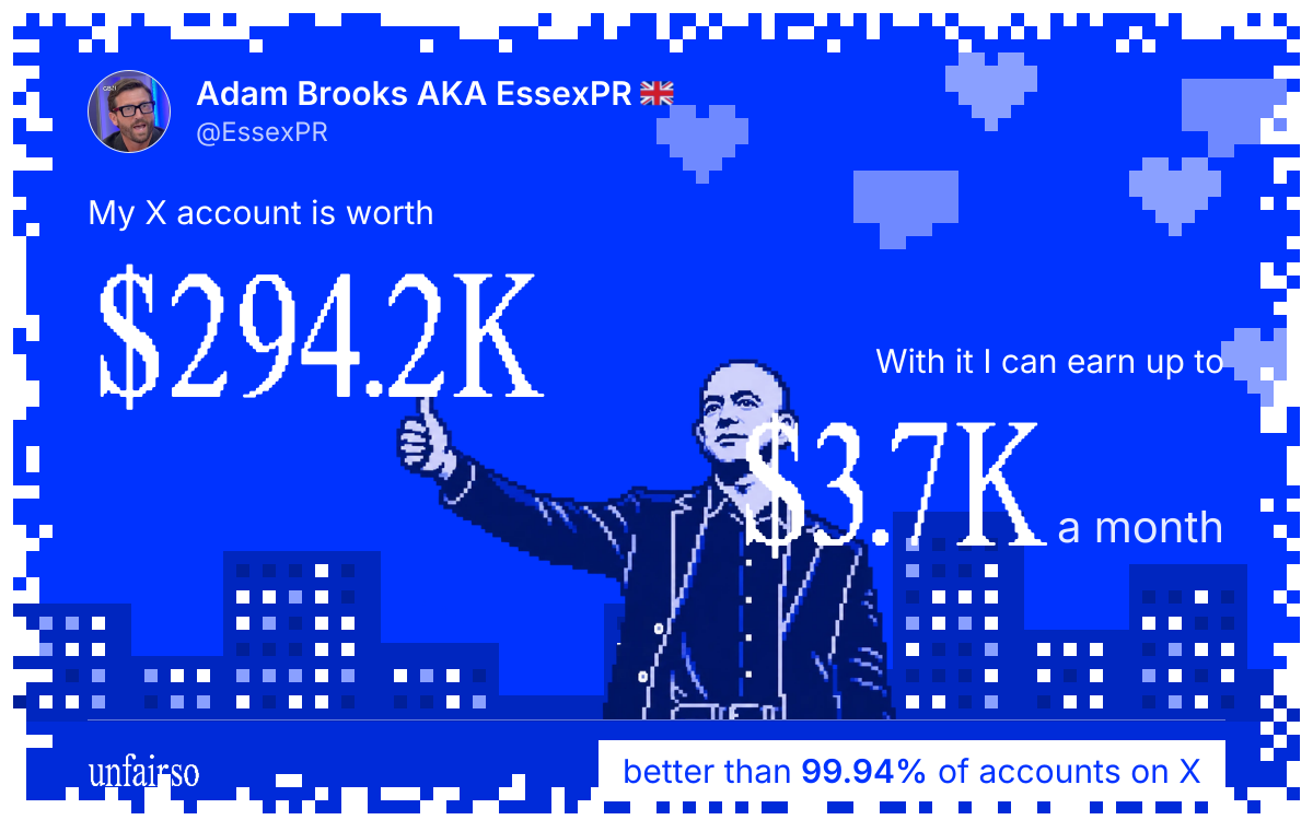 Adam Brooks AKA EssexPR ๐ฌ๐ง's X account can earn up to $3.7K a month