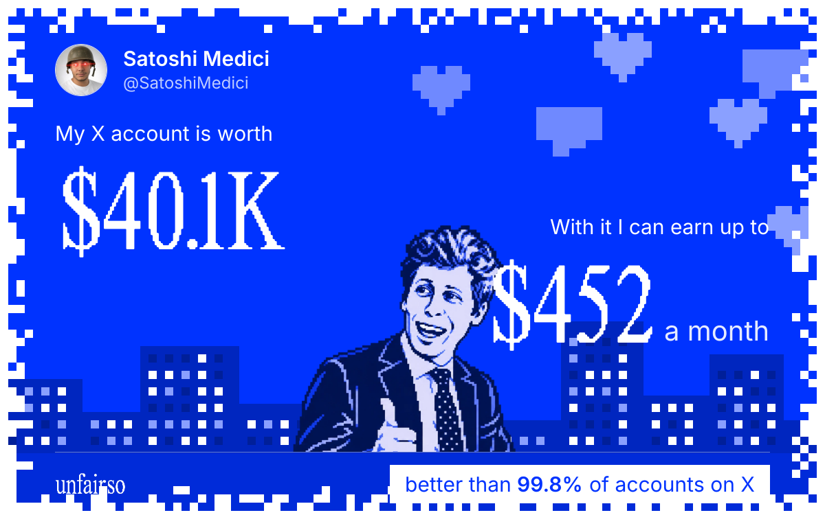 Satoshi Medici's X account can earn up to $452 a month