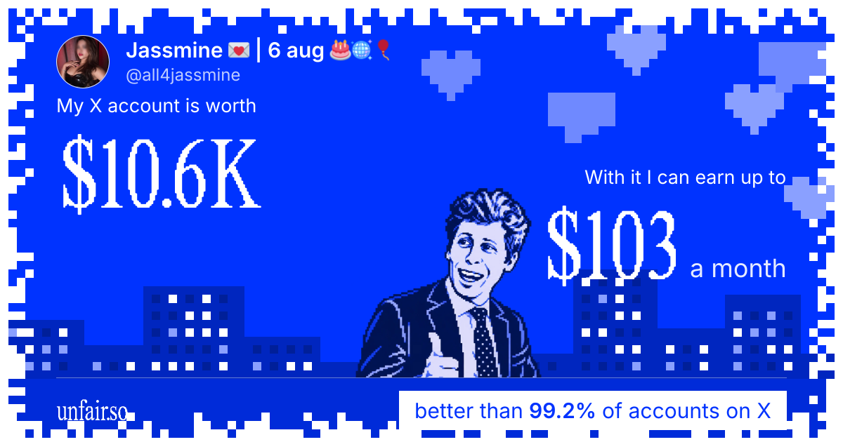 Jassmine 💌 | 6 aug 🎂🪩🎈's X account can earn up to $103 a month