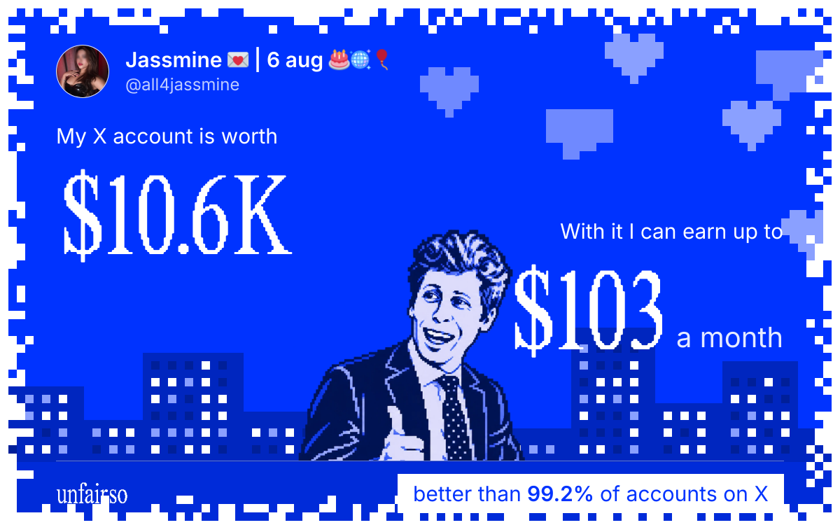 Jassmine 💌 | 6 aug 🎂🪩🎈's X account can earn up to $103 a month