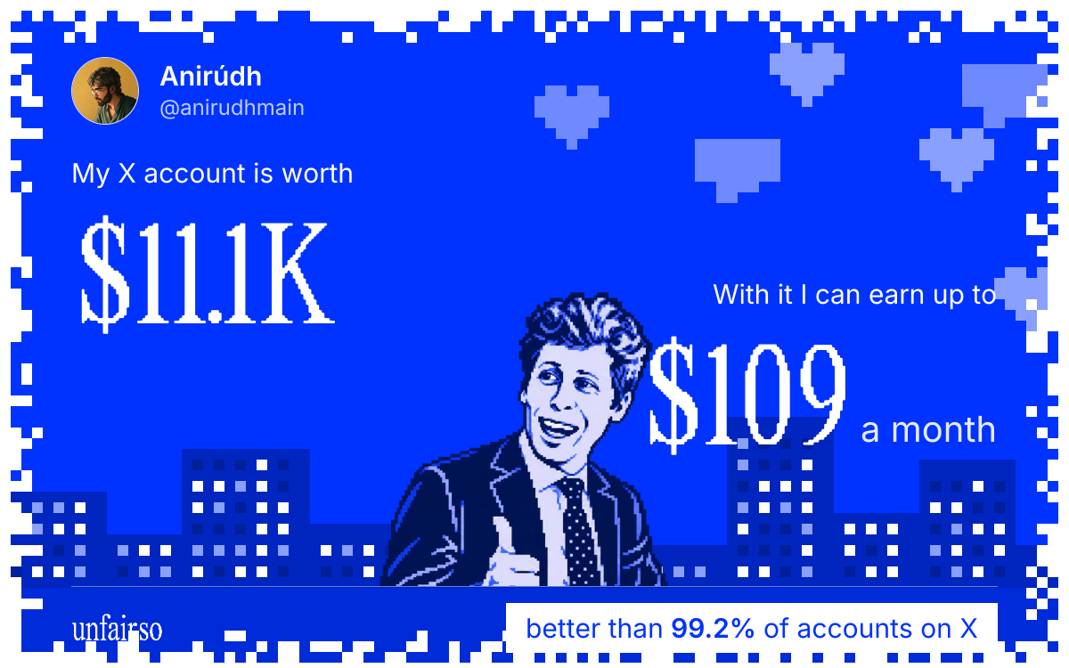Anirรบdh's X account can earn up to $109 a month