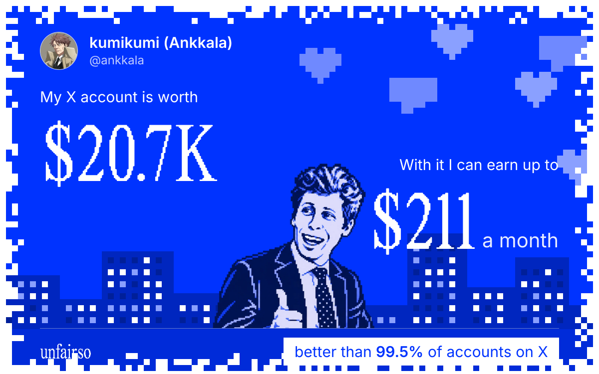 kumikumi (Ankkala)'s X account can earn up to $211 a month
