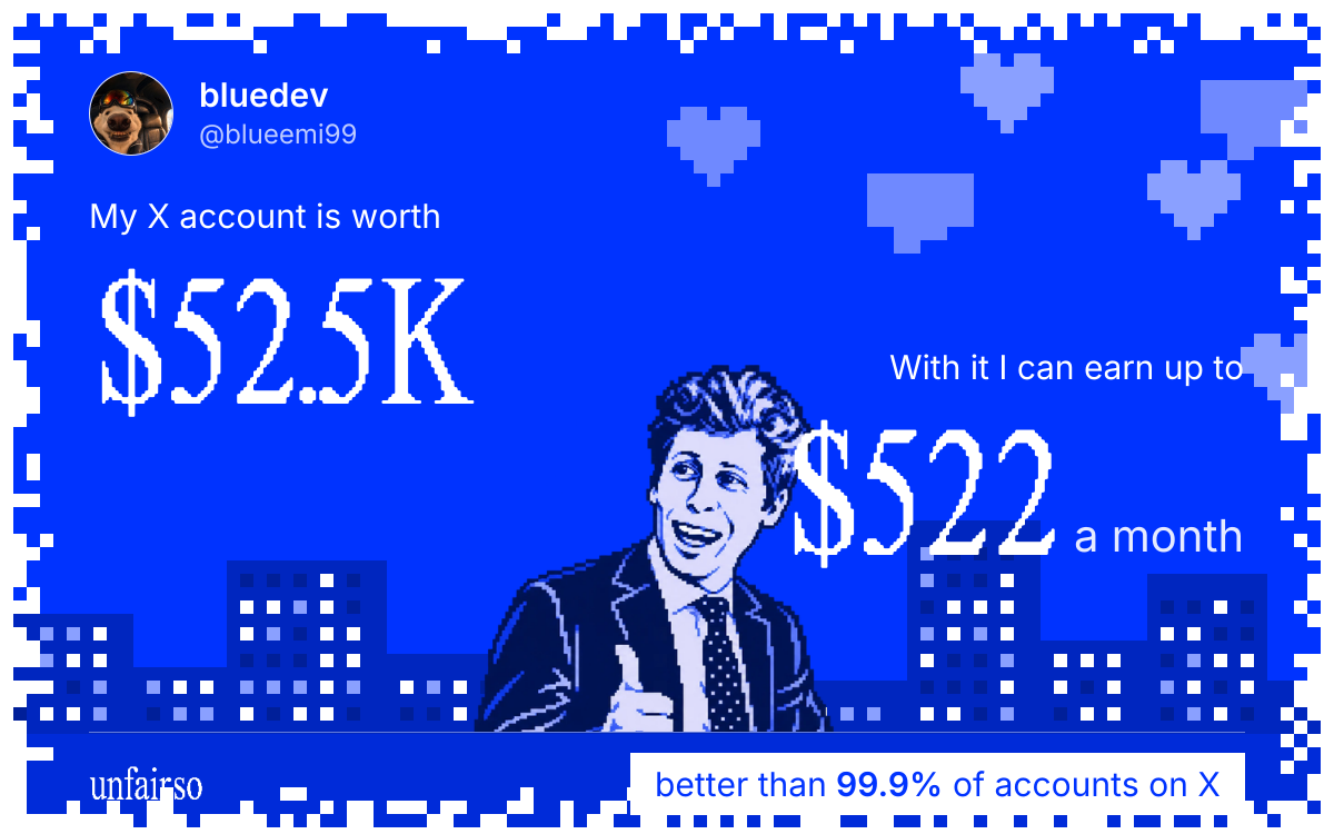 bluedev's X account can earn up to $522 a month
