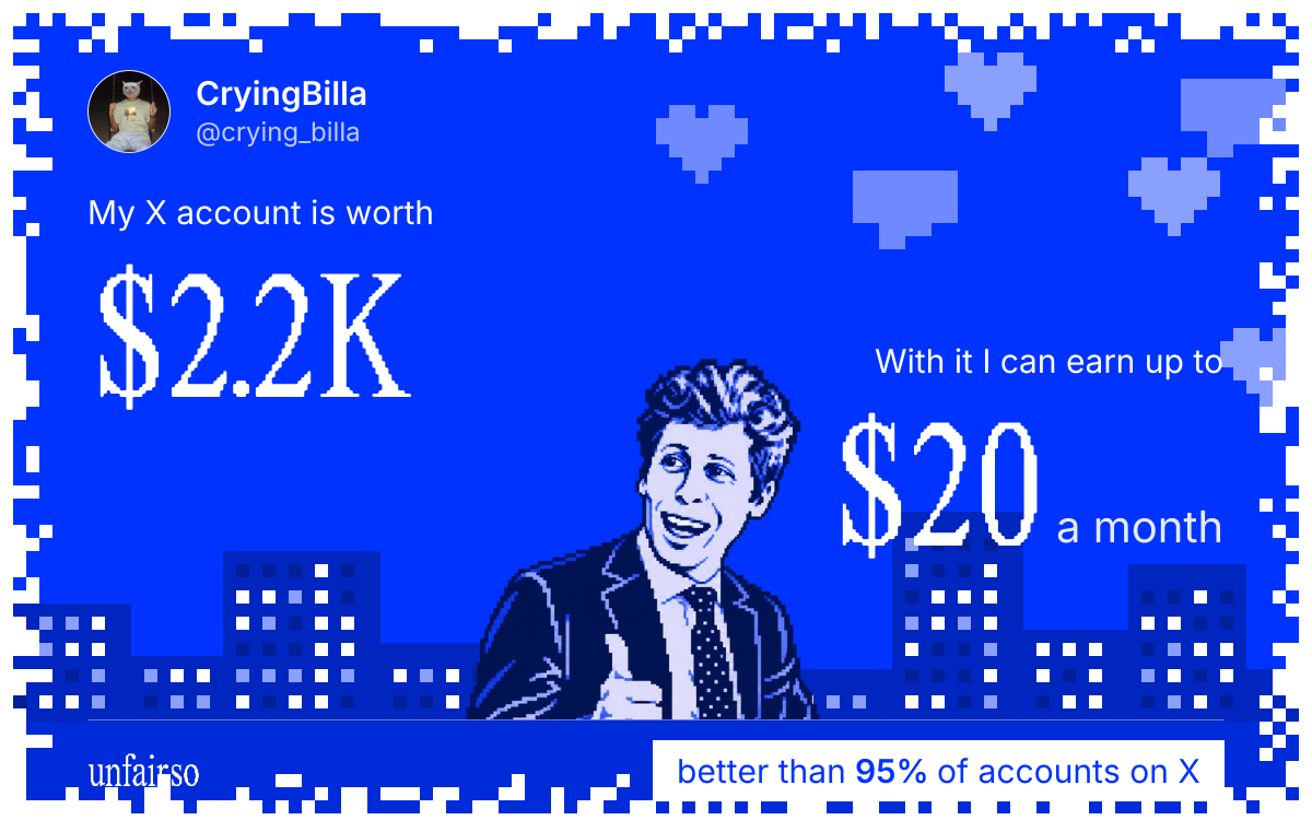 CryingBilla's X account can earn up to $20 a month