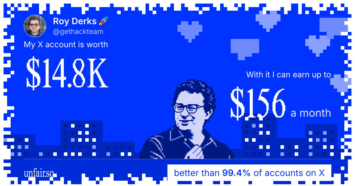 Roy Derks 🚀's X account can earn up to $156 a month