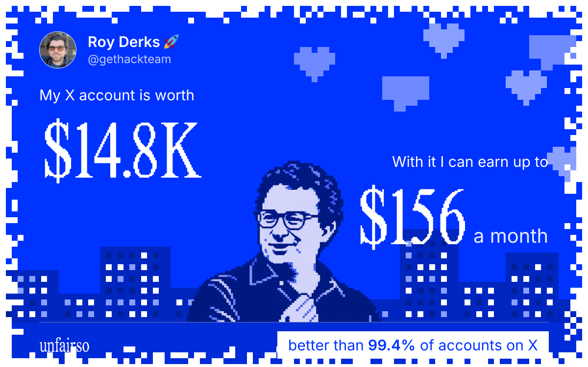 Roy Derks 🚀's X account can earn up to $156 a month
