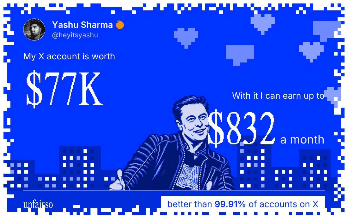 Yashu Sharma 🍊's X account can earn up to $830 a month