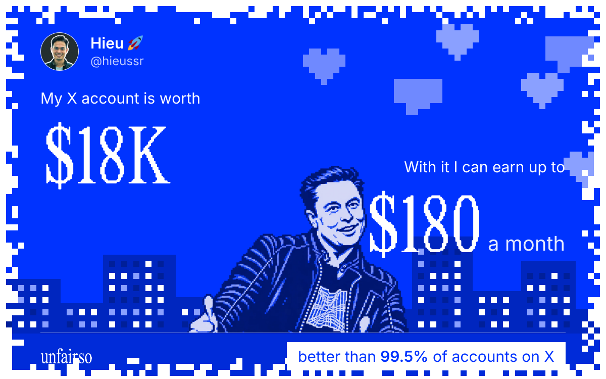Hieu 🚀's X account can earn up to $180 a month