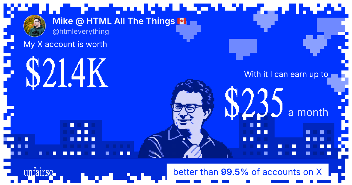 Mike @ HTML All The Things 🇨🇦's X account can earn up to $235 a month