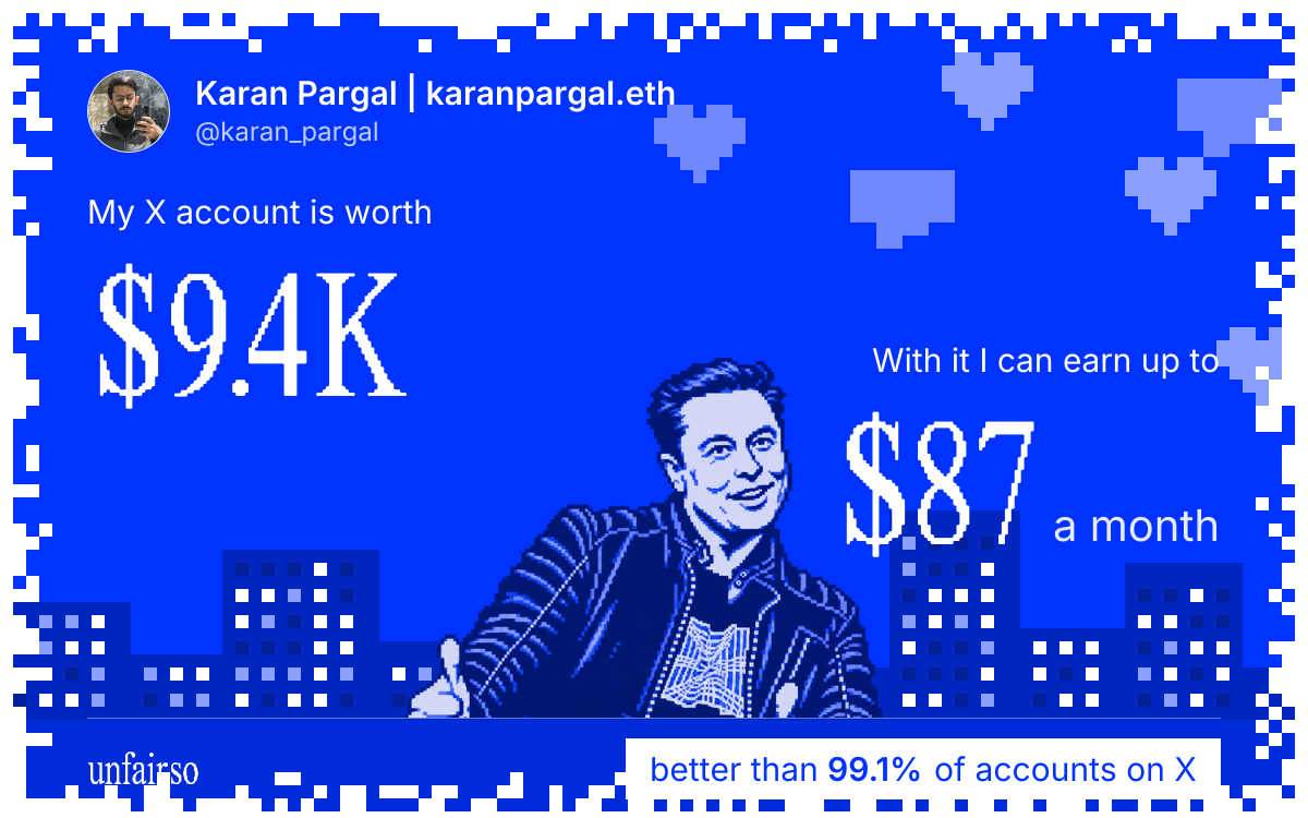 Karan Pargal | karanpargal.eth's X account can earn up to $87 a month