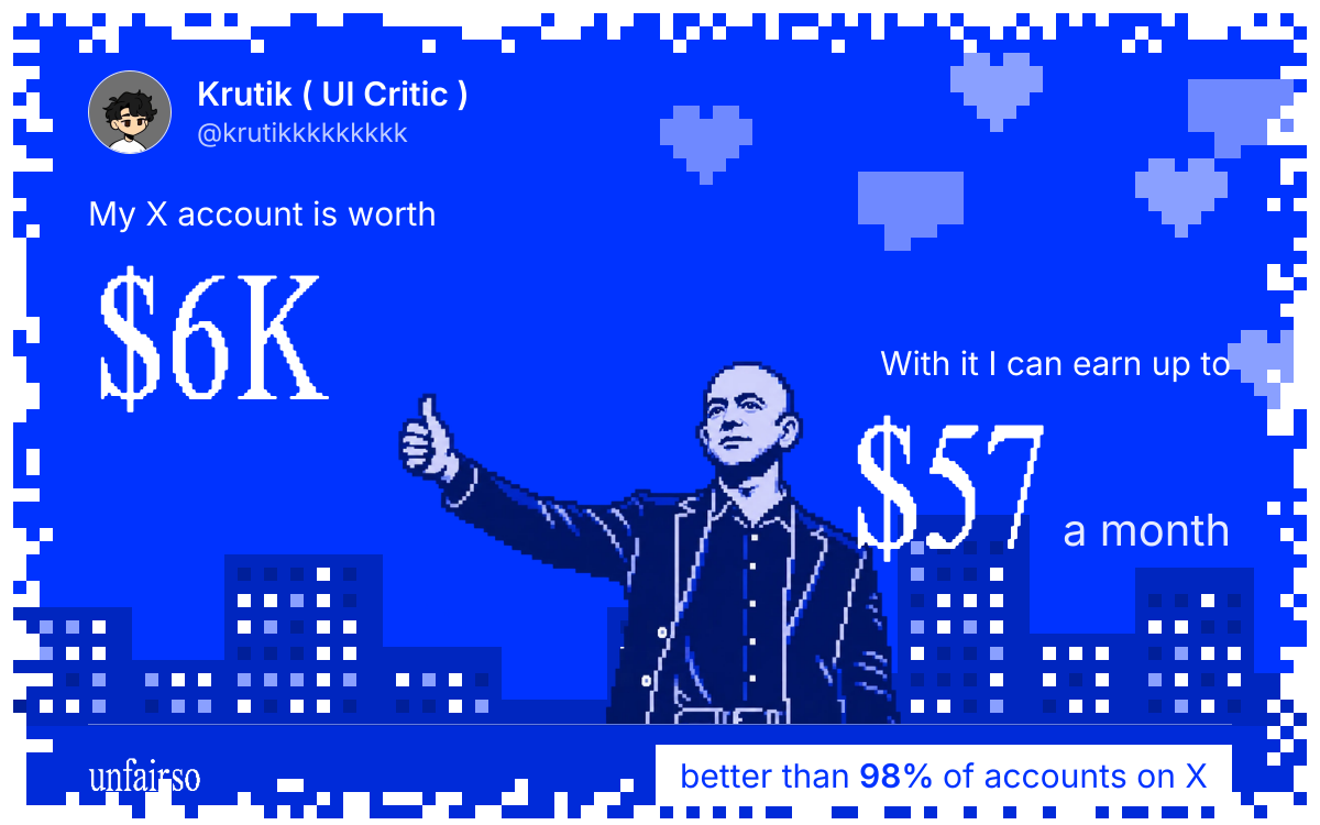 Krutik ( UI Critic )'s X account can earn up to $57 a month