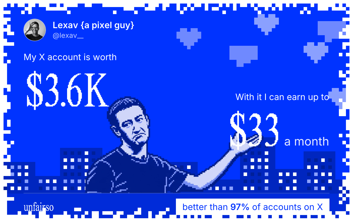 Lexav {a pixel guy}'s X account can earn up to $33 a month