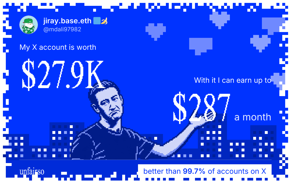jiray.base.eth π¦π's X account can earn up to $287 a month
