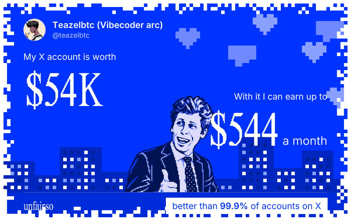 Teazelbtc (Vibecoder arc)'s X account can earn up to $544 a month