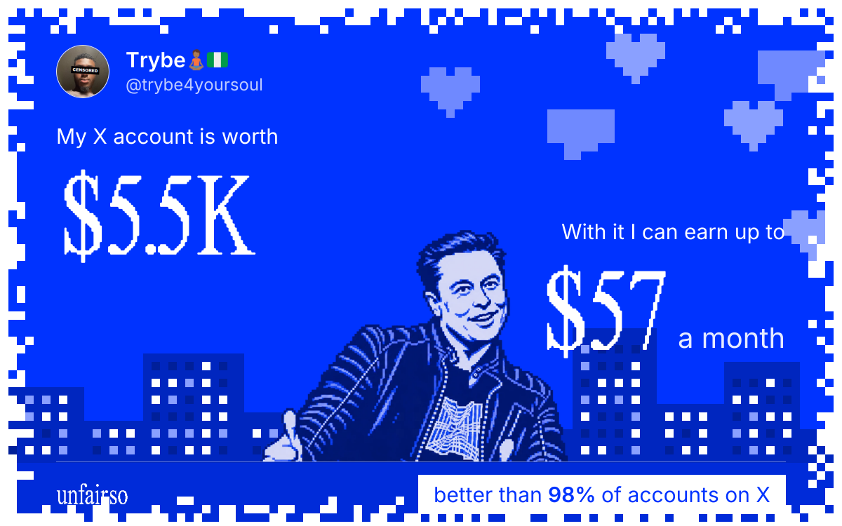 Trybe๐ง๐พ๐ณ๐ฌ's X account can earn up to $57 a month